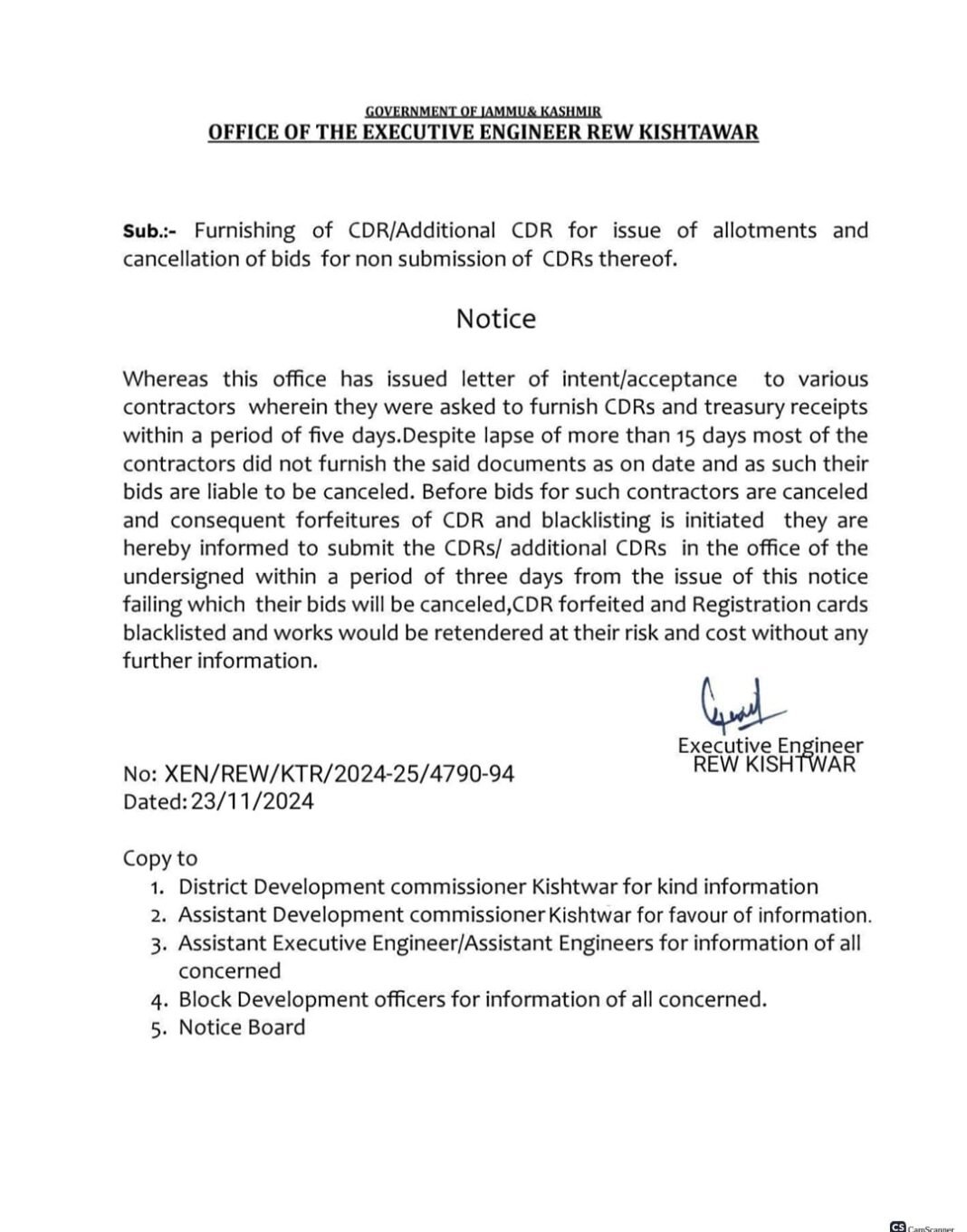 RURAL DEVELOPMENT DEPARTMENT, KISHTWAR ISSUES BLACKLIST NOTICE TO NON-SERIOUS CONTRACTORS