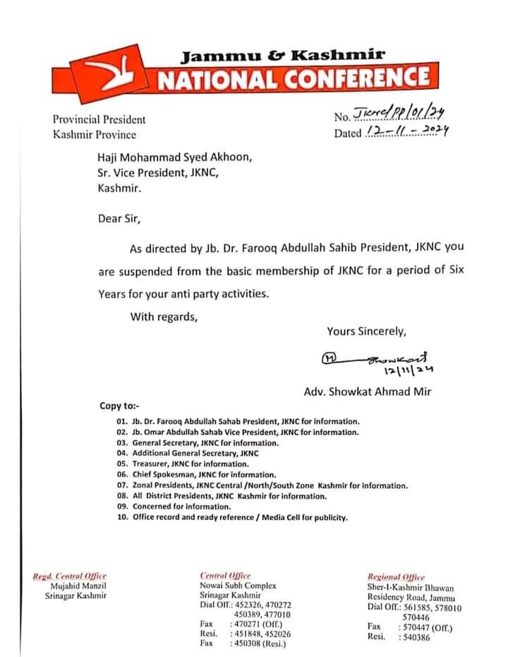 National Conference Suspends Senior Vice President Haji Mohammad Syed Akhoon for 6 Years Over Anti-Party Activities