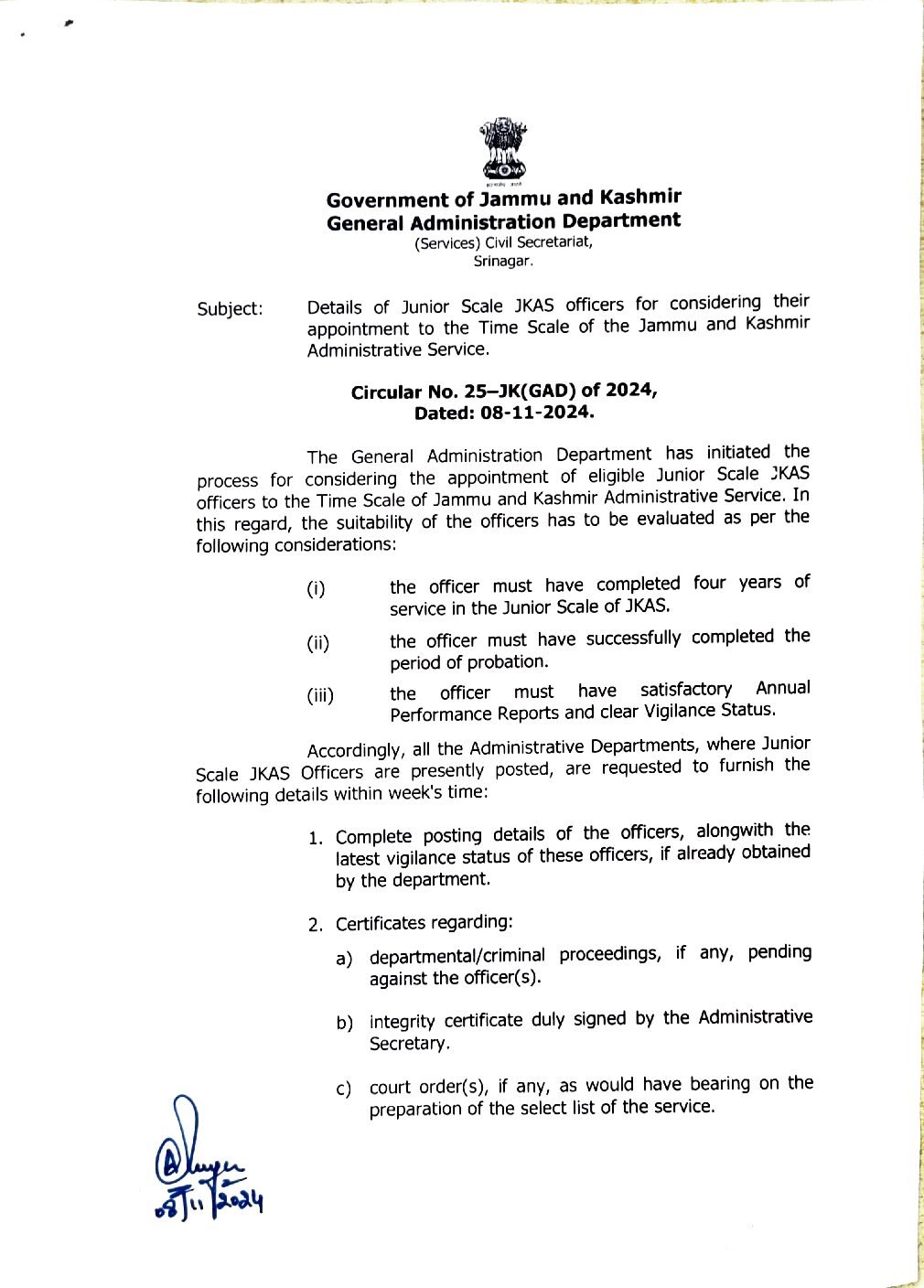 Details of Junior Scale JKAS officers for considering their appointment to the Time Scale of the Jammu and Kashmir Administrative Service.