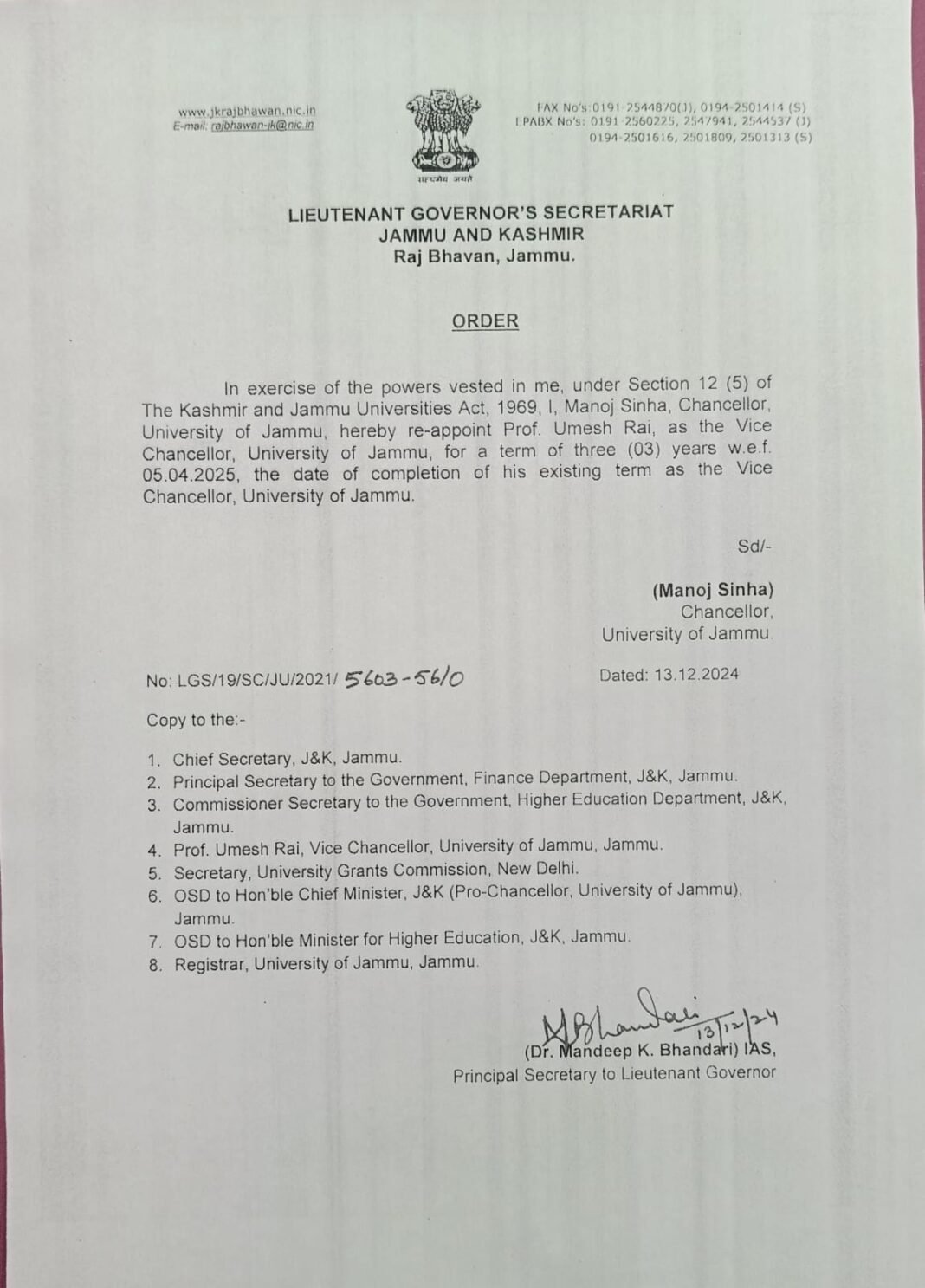 Prof. Umesh Rai Re-appointed as VC JU for Three-Year Term