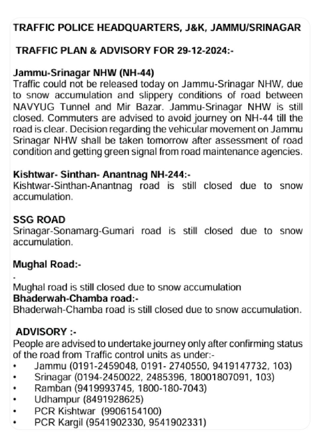Jammu-Srinagar highway remains closed amid inclement weather conditions