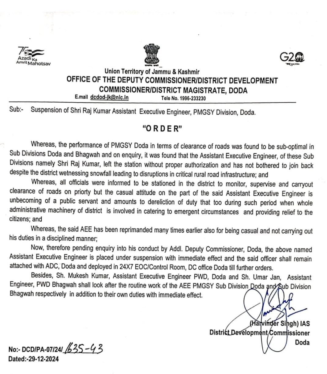 DC Doda suspends Assistant Executive Engineer, PMGSY