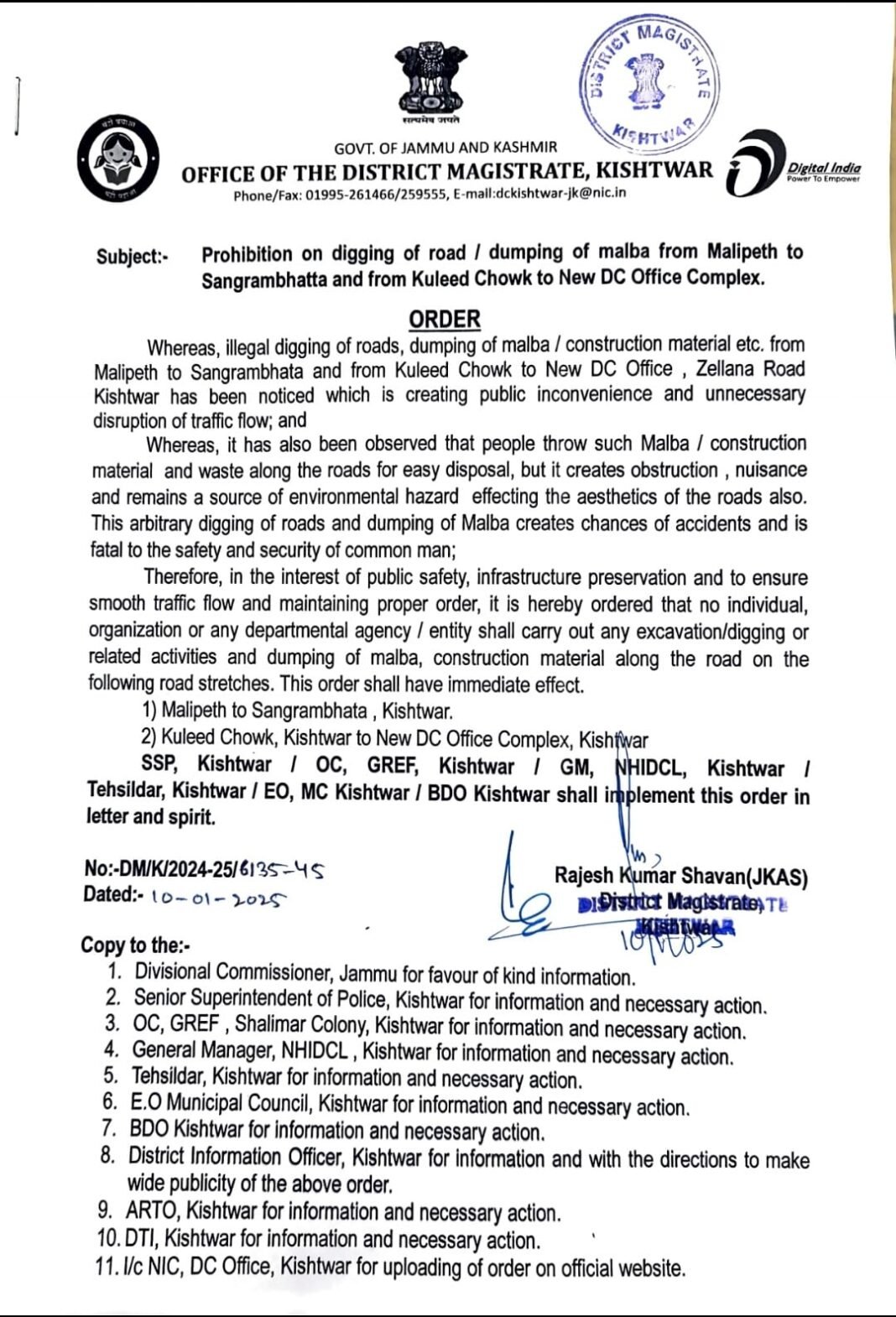Administration prohibits digging of roads, dumping malba in Kishtwar