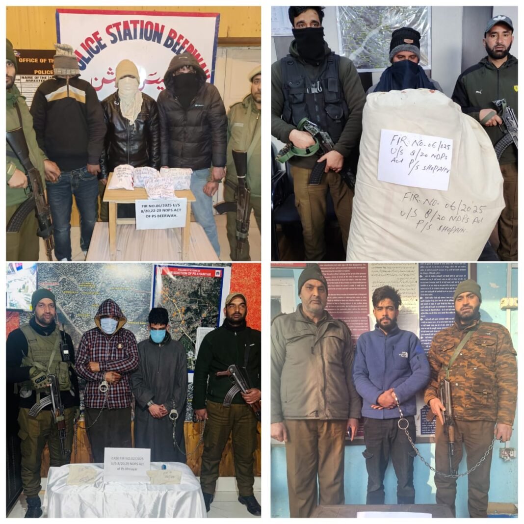 Police arrest seven drug peddlers, seize contraband substances in Sgr, Budgam, Shopian