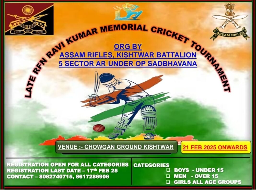Assam Rifles to organize late Rifleman Ravi Kumar Cricket Tournament in Kishtwar