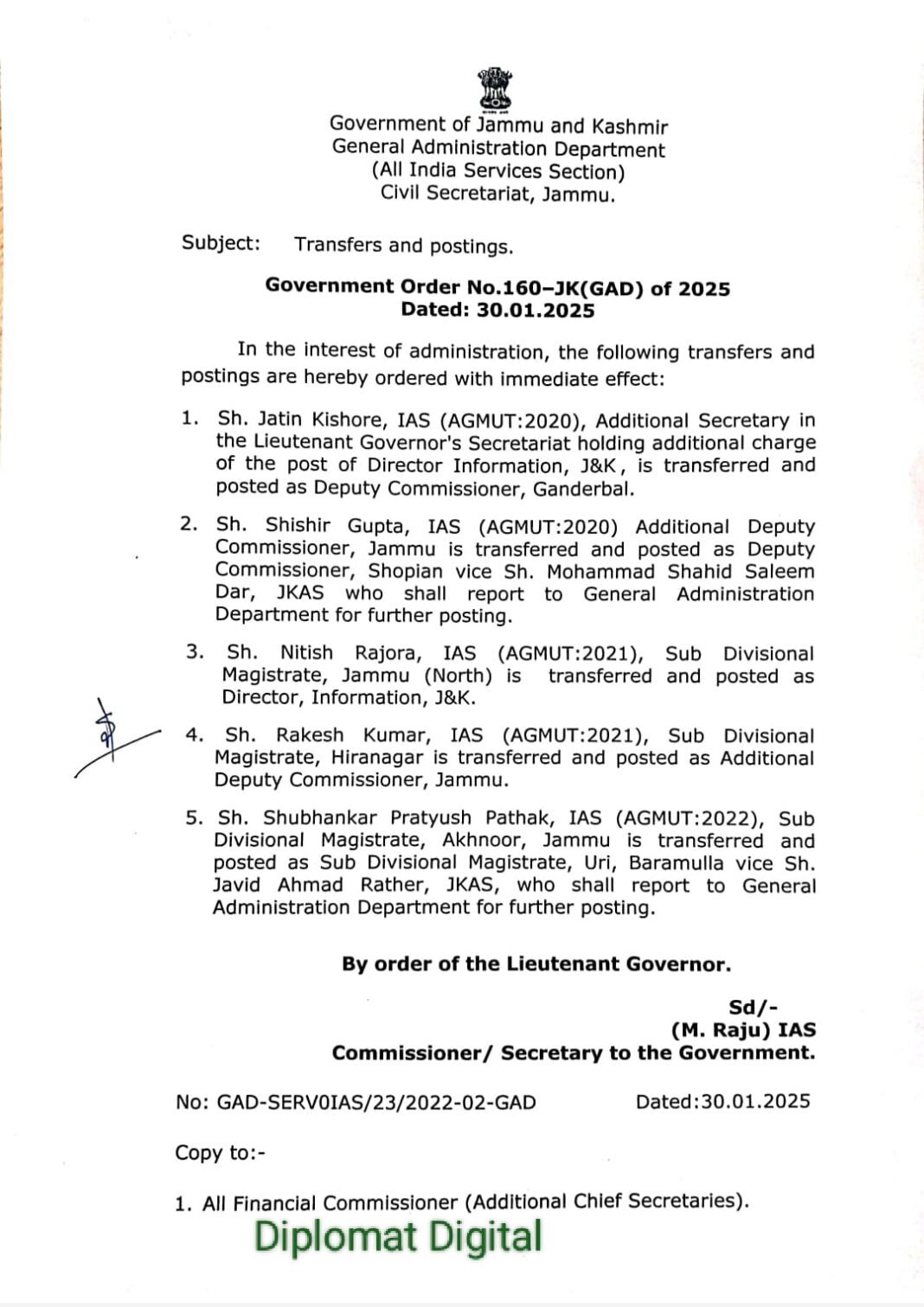 J&K Administration Announces Major Reshuffle, Appoints New DCs for Ganderbal and Shopian