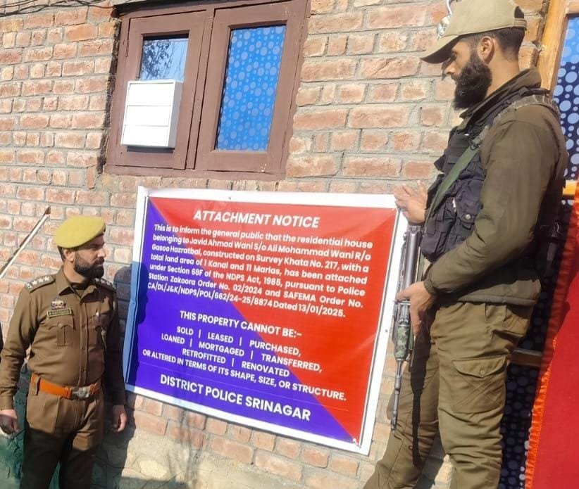 Srinagar Police Attaches Property Worth Rs 18 lakh of notorious Drug peddler under NDPS Act