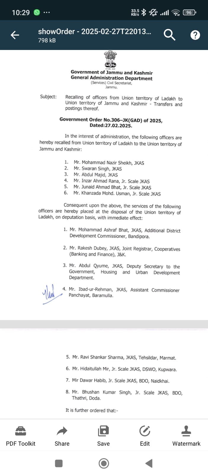 Recalling officers from Ladakh UT to J&K UT – transfers and postings