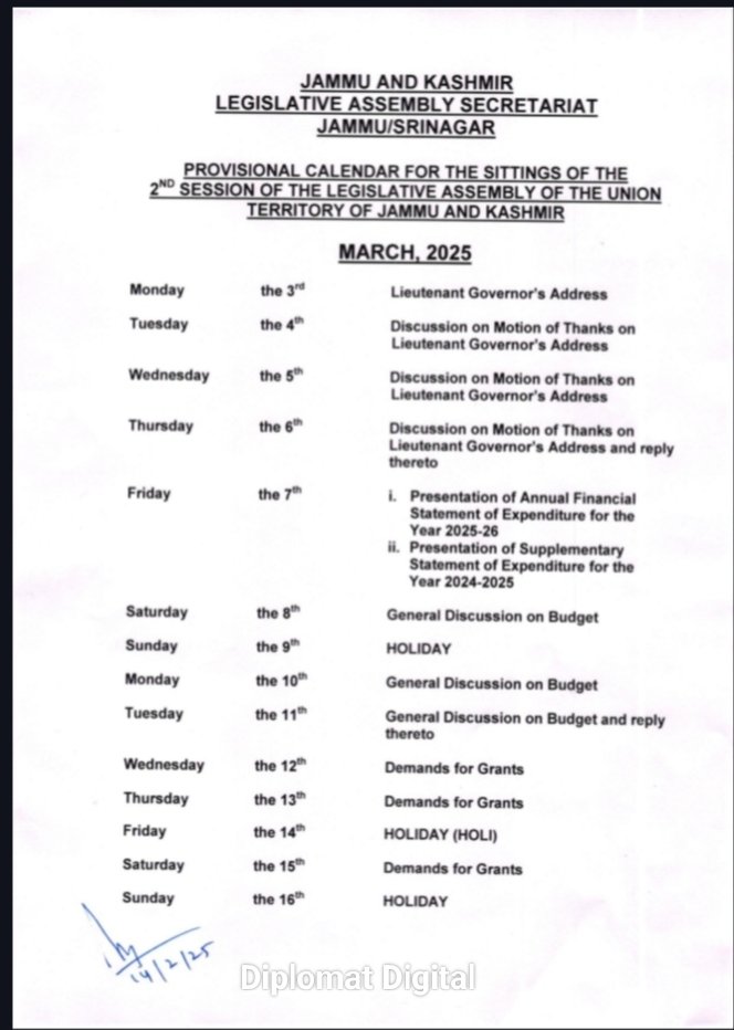 Jammu and Kashmir Legislative Assembly Secretariat Jammu/Srinagar