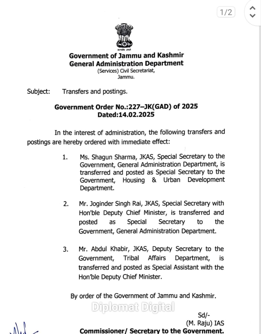 Three JKAS officers transferred