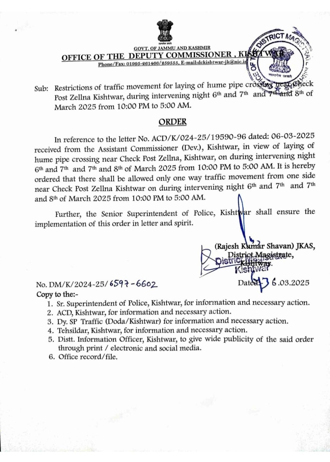 Traffic Restrictions in Kishtwar for Hume Pipe Laying Near Check Post Zellna