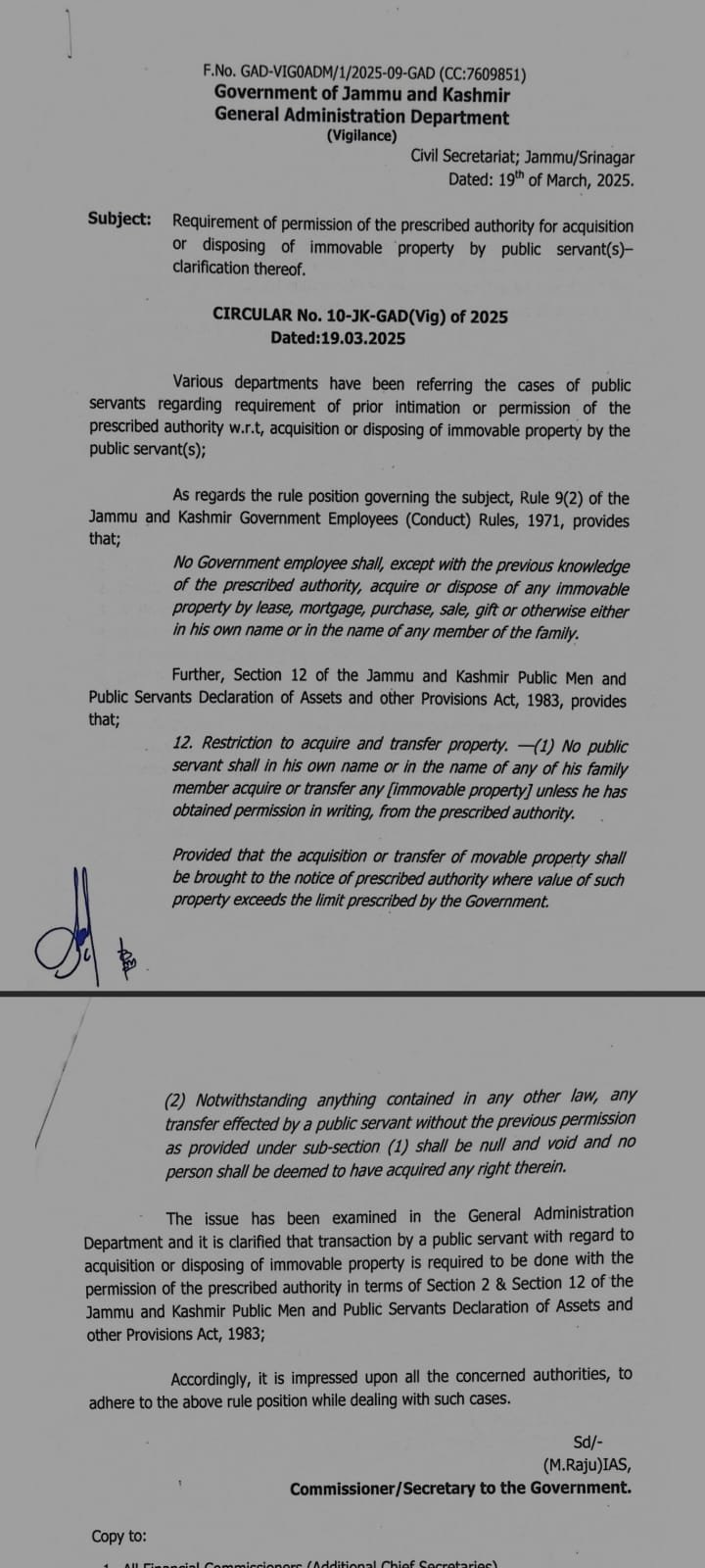 Civil Servants would require permission for acquiring or disposing of immovable property in J&K, GAD issues circular