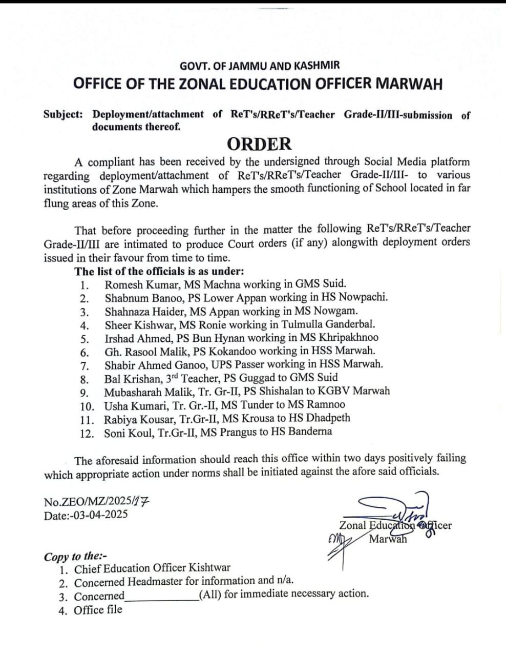 Teachers in Zone Marwah Directed to Submit Deployment Orders