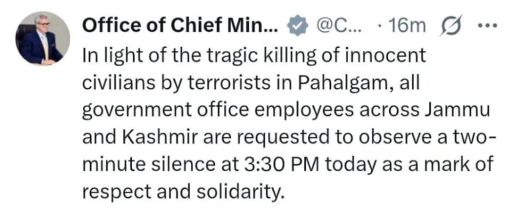 CM Omar Orders Two-Minute Silence Across J&K Government Offices at 3:30 PM Today