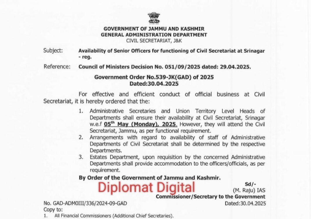 Availability of senior officers for Functioning of civil secretariat at Srinagar