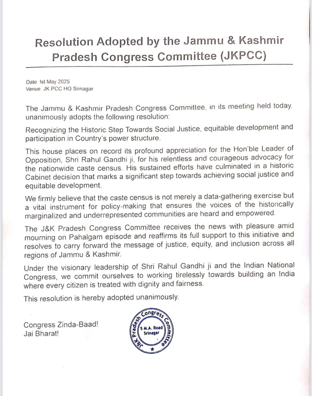 Resolution Adopted by the Jammu & Kashmir Pradesh Congress Committee (JKPCC)