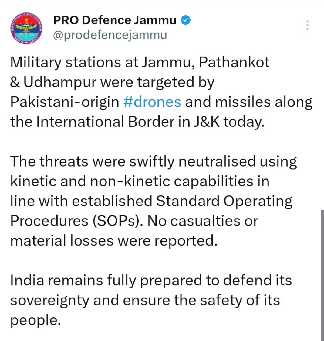 Eight Pakistani Missiles Intercepted Over Jammu: Indian Air Defence Foils Major Strike