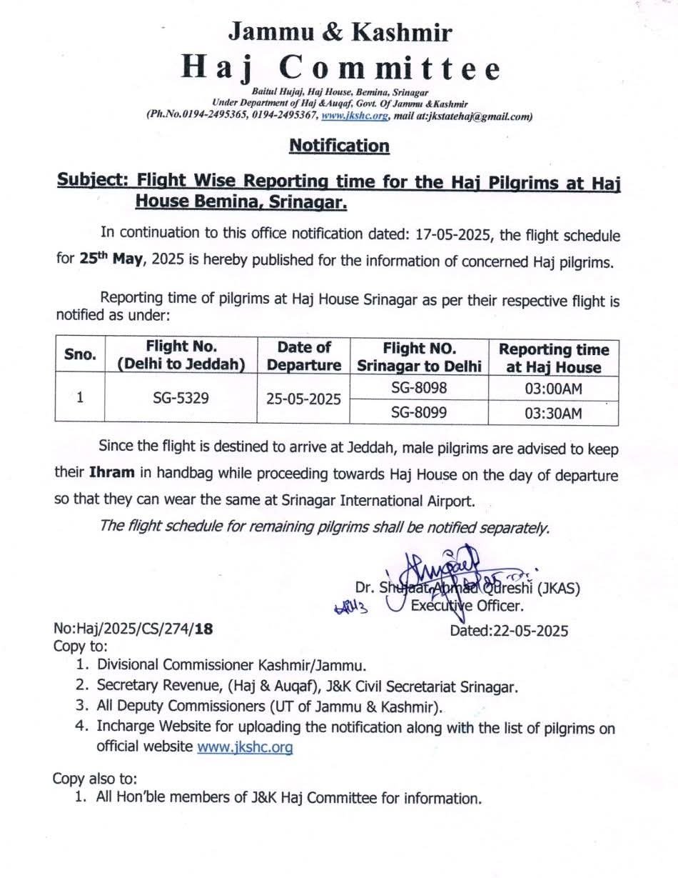 Flight wise reporting time for the Hajra pilgrims at Haj house Bemina, Srinagar