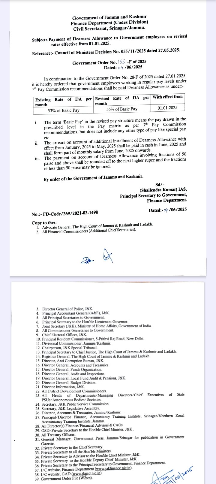 Payment of Dearness Allowance to Government employees on revised rates effective from 01-01-2025