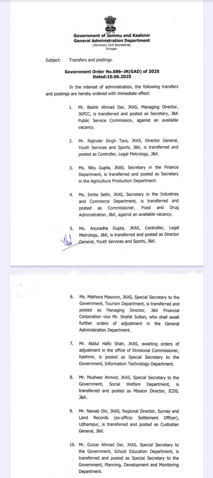 Govt orders transfer, posting of 134 JKAS officers