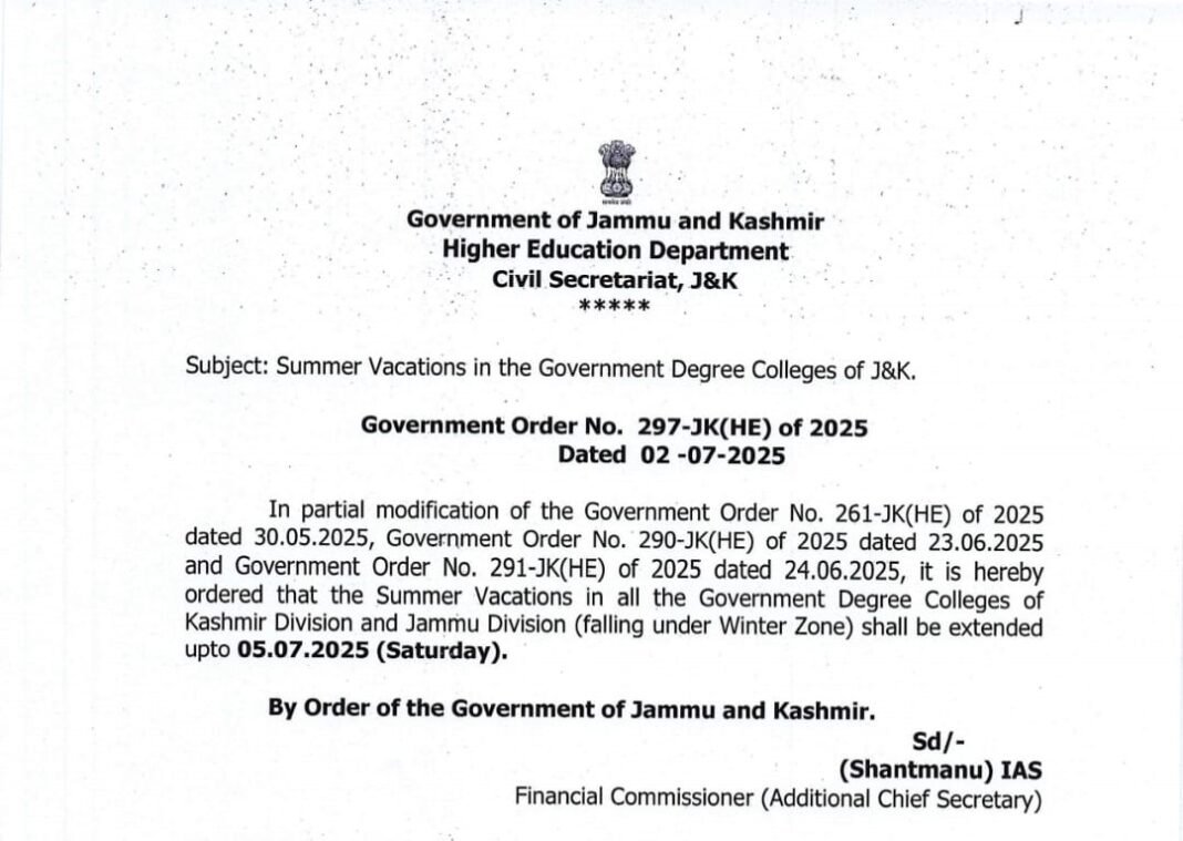 Summer vacations in Govt degree colleges of JK extended