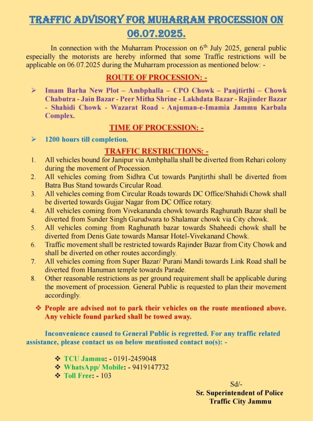 Traffic Advisory for Muharram Procession in Jammu City dated 6.7.2025