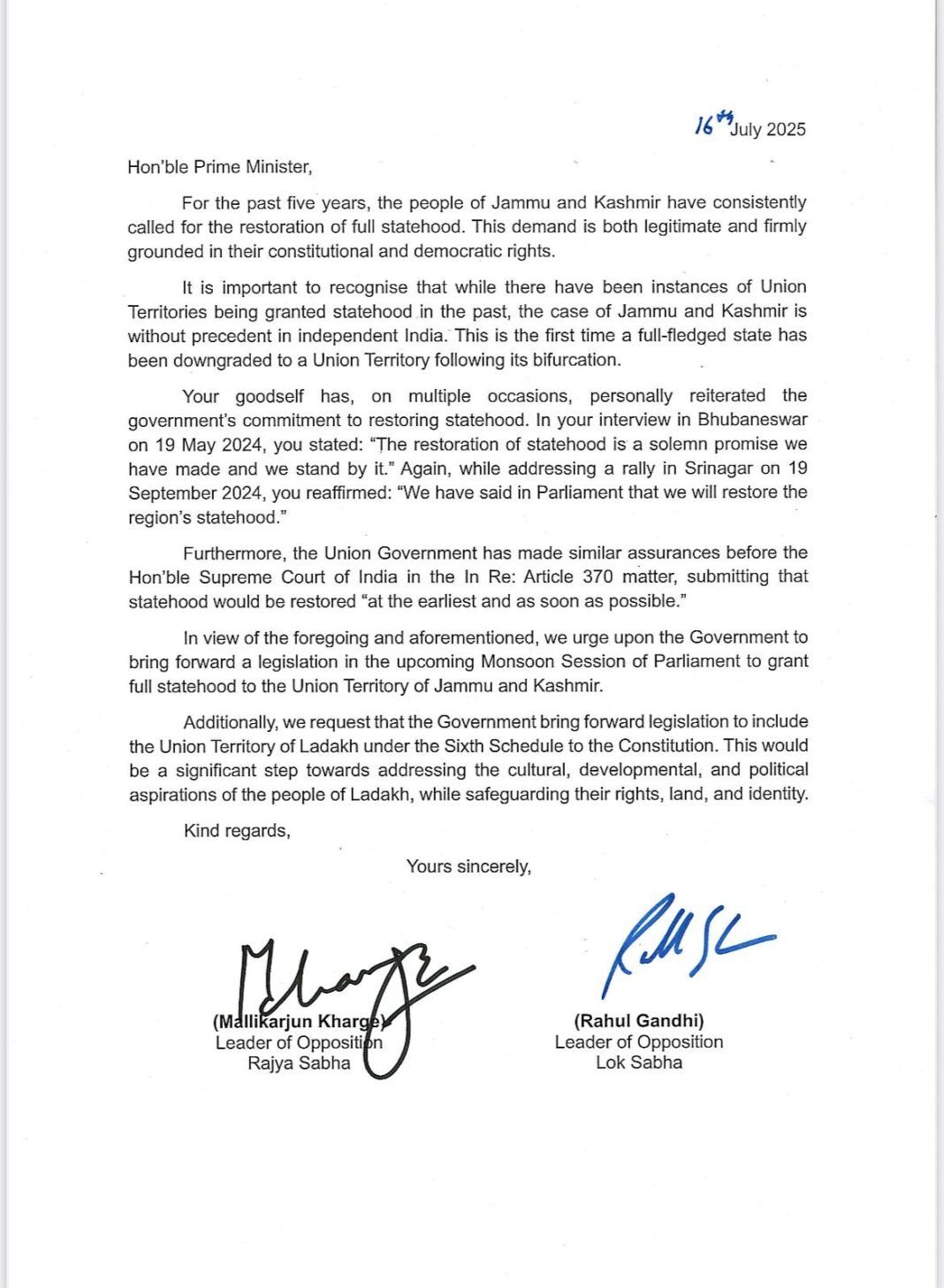 AICC President, Mallikarjun Kharge, MP, and Leader of Opposition, Lok Sabha, Rahul Gandhi have written to PM Narendra Modi to restore statehood to J&K
