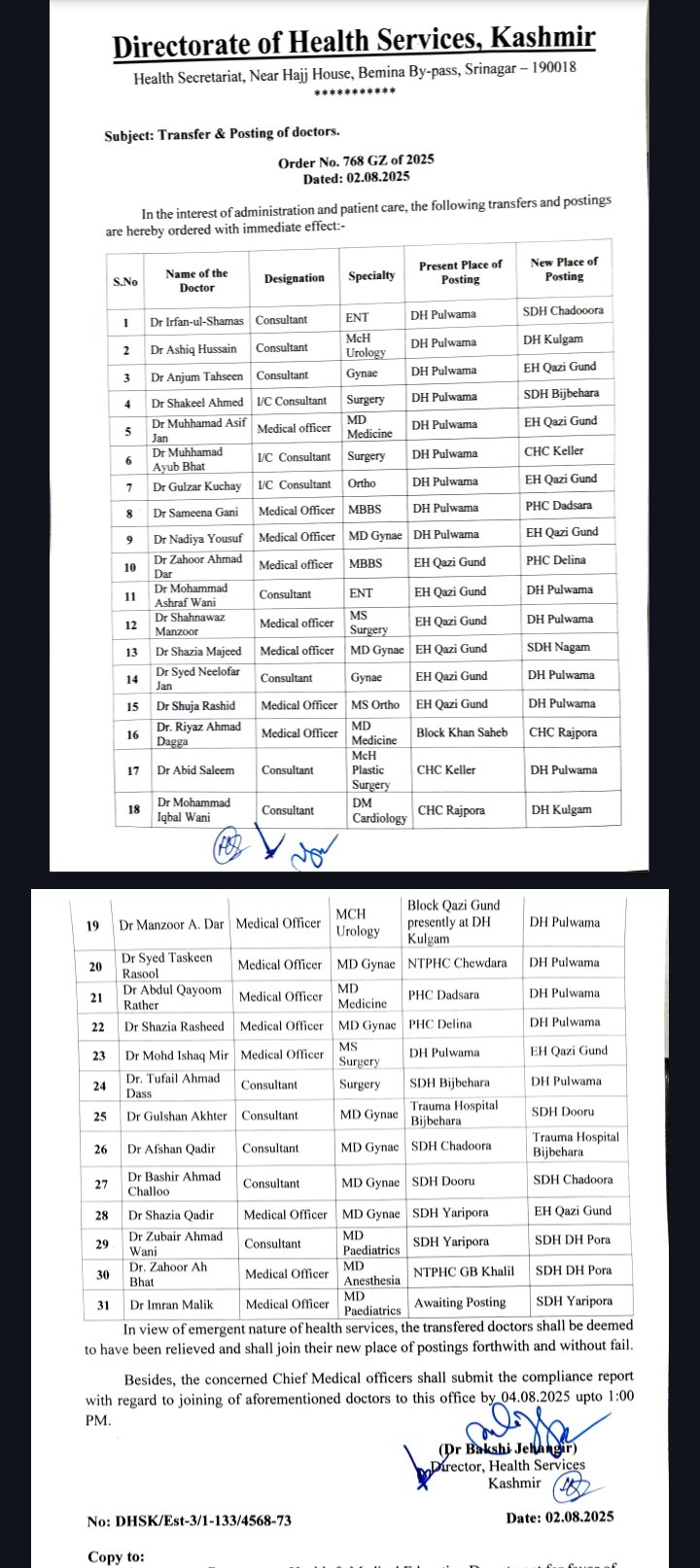 Transfers and Postings of Doctors