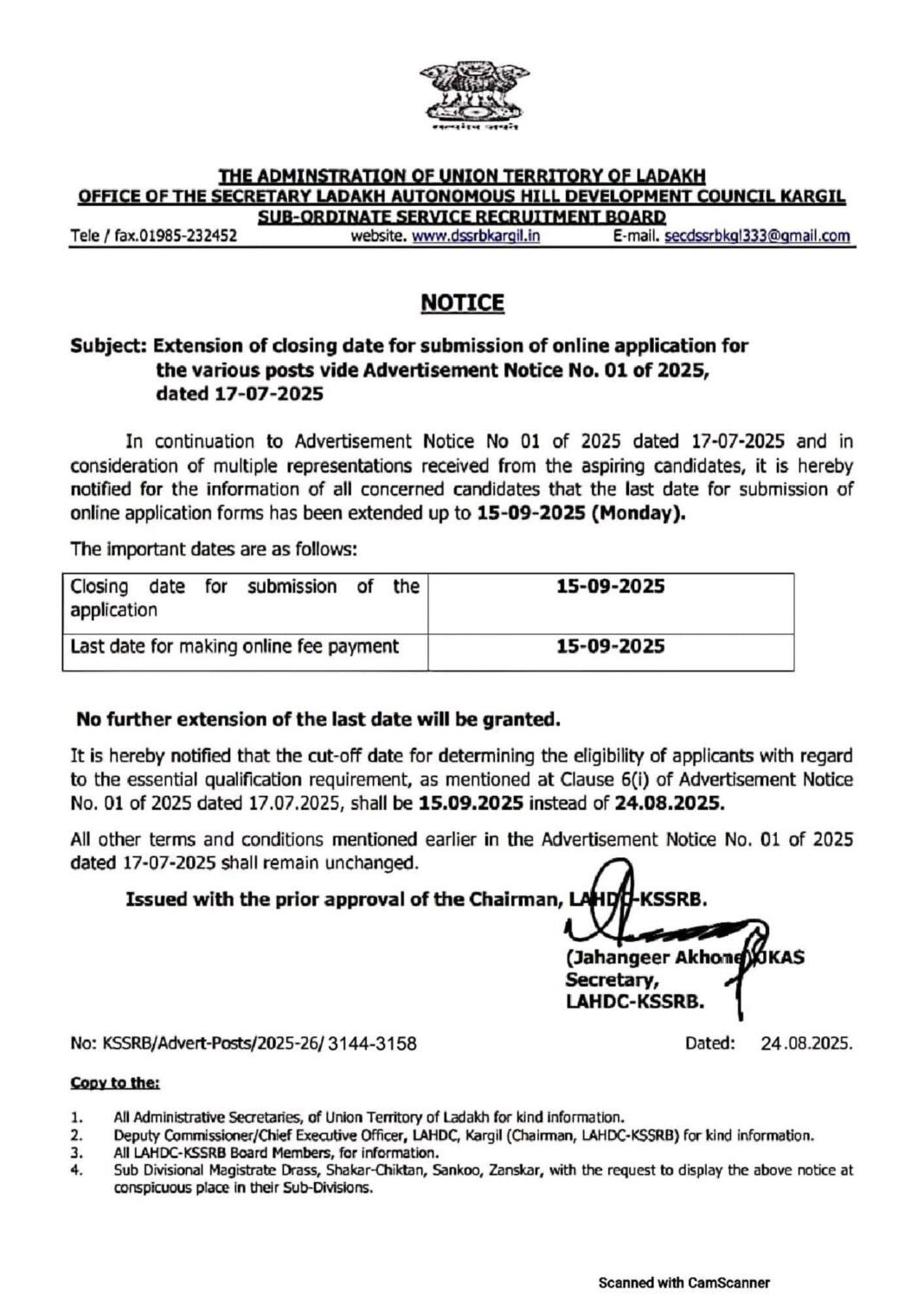 LAHDC-KSSRB extends closing date for submission of online applications