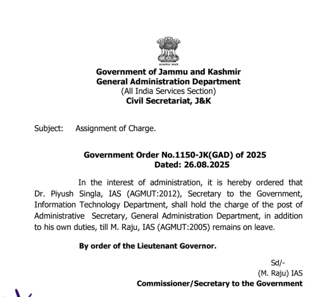 Dr Piyush Singla gets additional charge of Administrative Secretary GAD