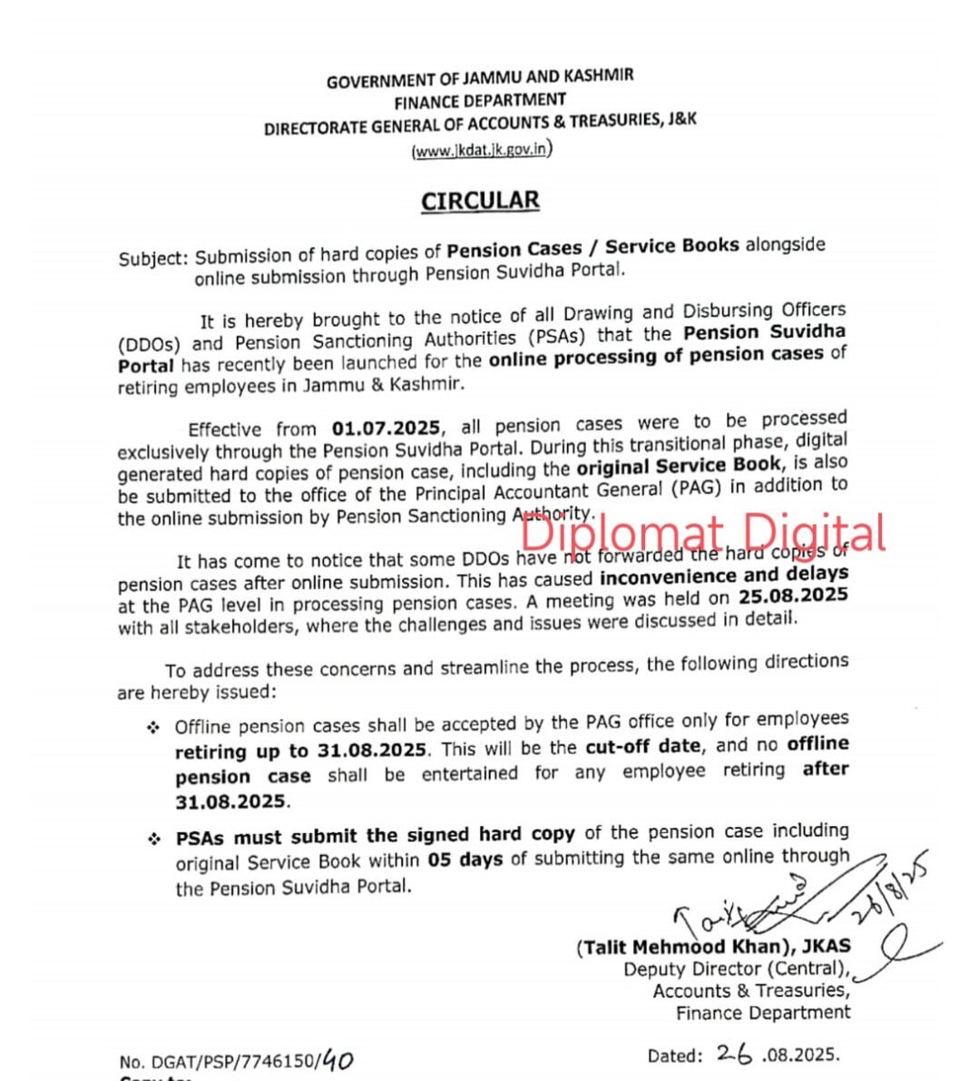 Finance Dept asks for hard cops of Pension cases / Service Books alongside online submission through Pension Service Portal