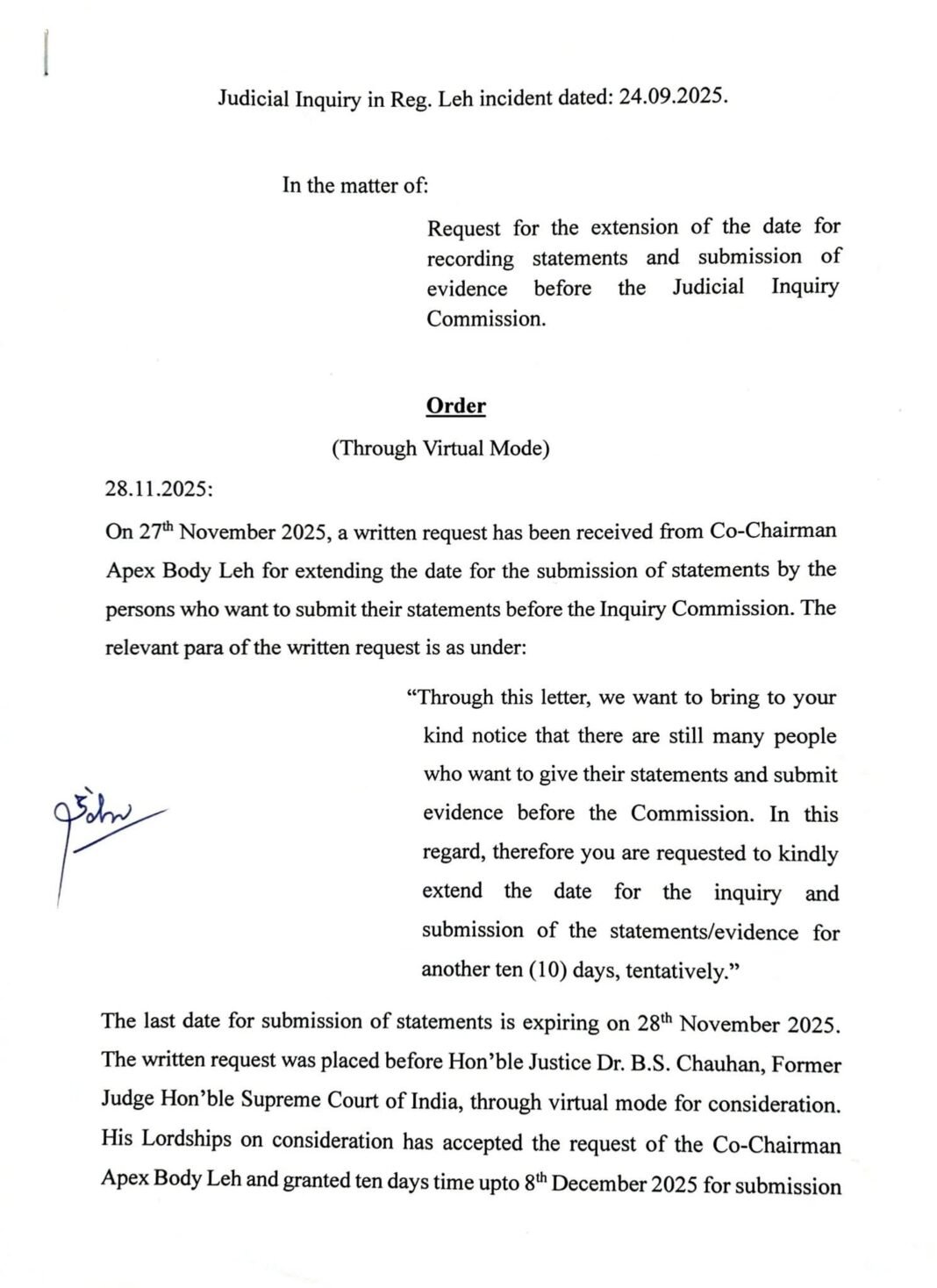 Judicial Inquiry Commission has extended the deadline to submit statements and evidence related to the September 24 Leh incident to December 8, 2025.