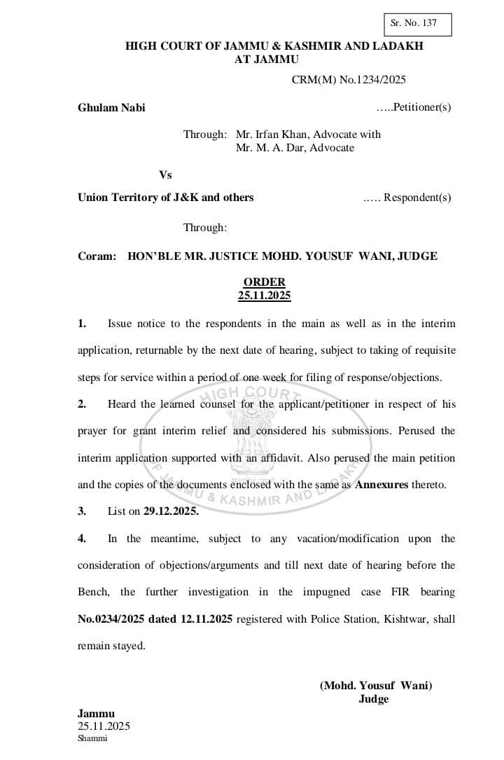 J&K High Court Stays Investigation in Kishtwar FIR; Notice Issued to UT Govt