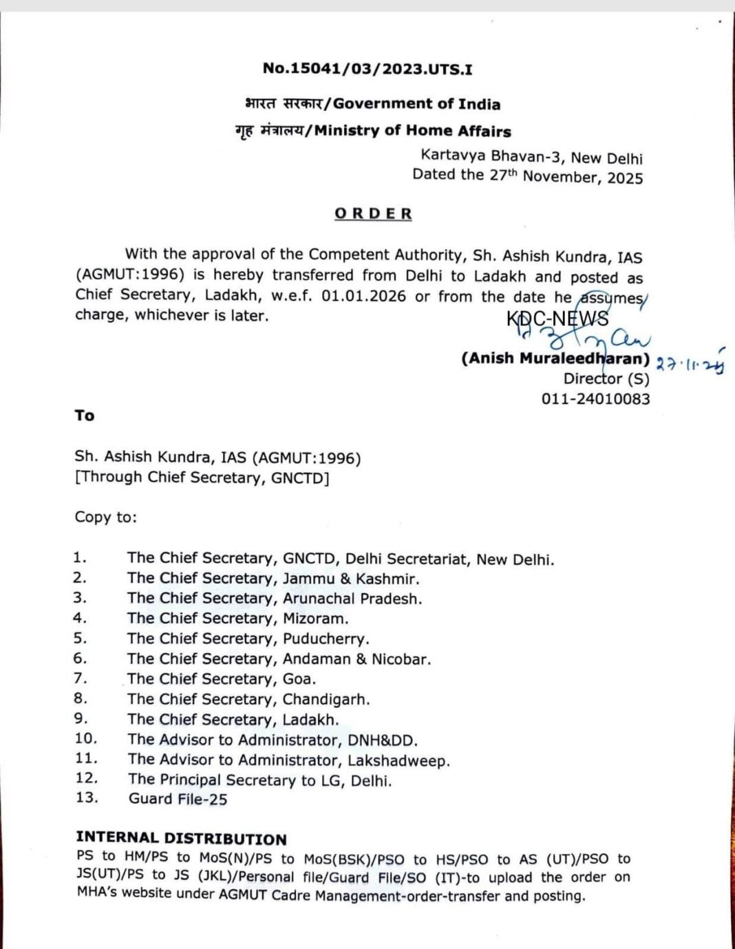 Ladakh gets new chief secretary