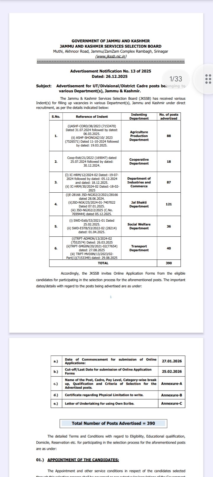 Advertisement of various posts by J&K government