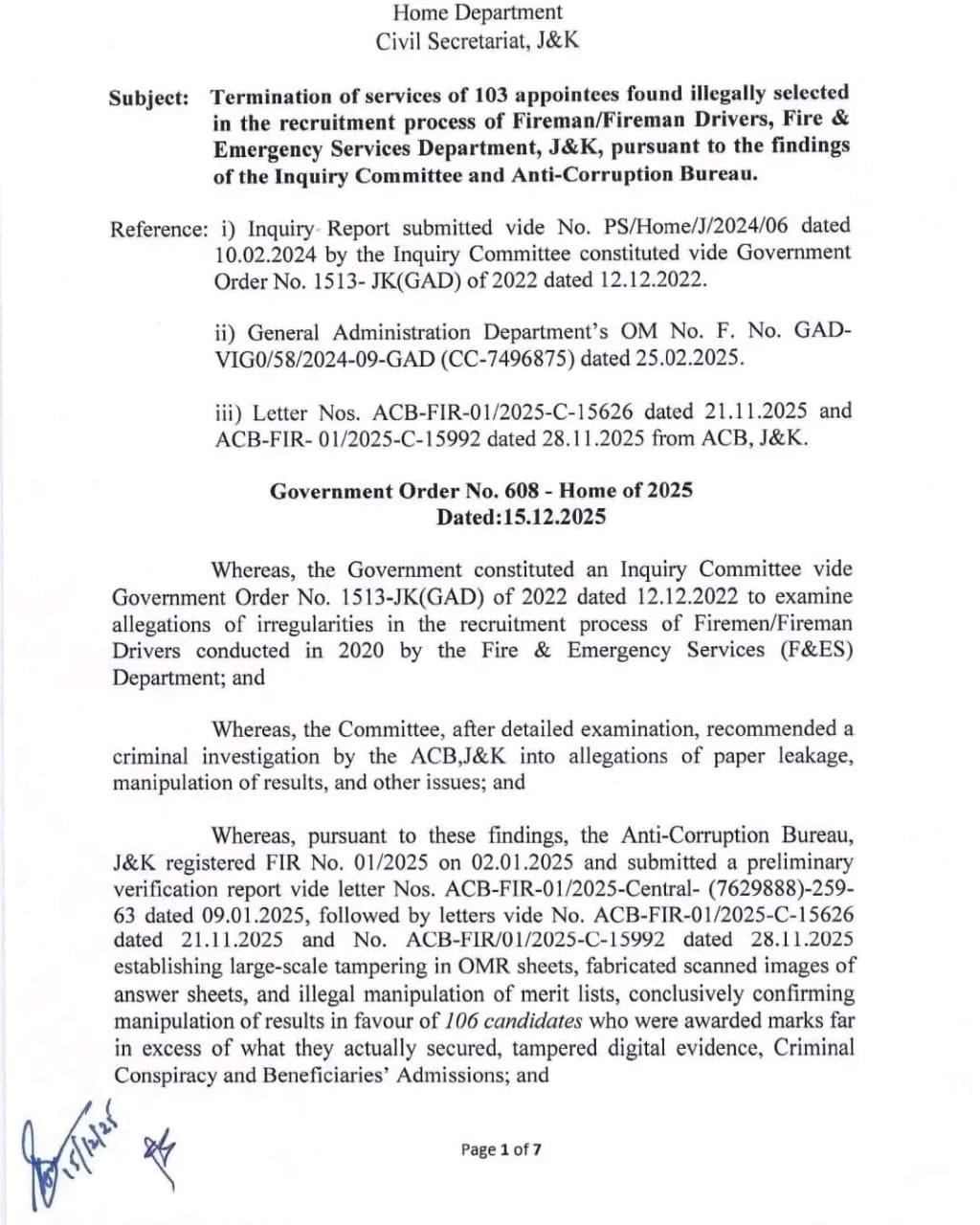 Breaking News || J&K Govt Terminates Services of 103 Firemen Appointees Over Recruitment Scam