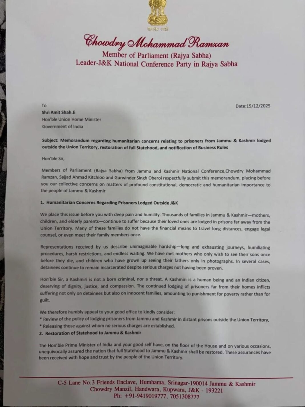 MP Choudhary Mohammed Ramzan writes to Union Home Minister Amit Shah raising concern over humanitarian concern of prisoners condition outside J&K, restoration of statehood