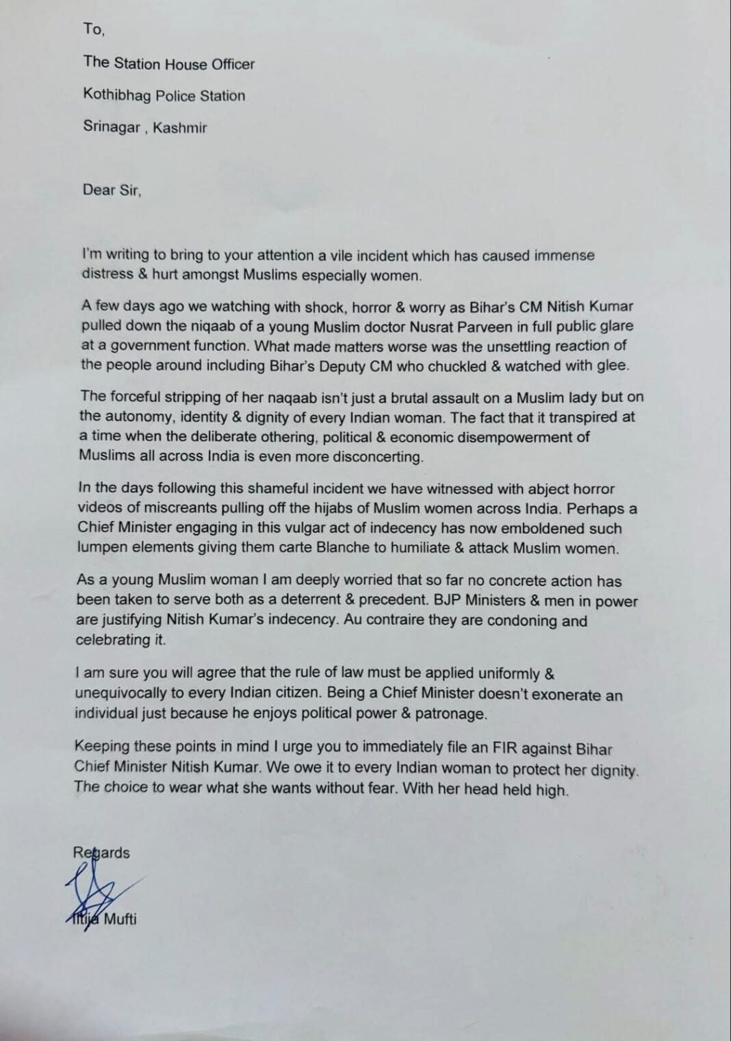 PDP files a complaint against Bihar CM Nitish Kumar at Police Station, Kothibagh in Srinagar