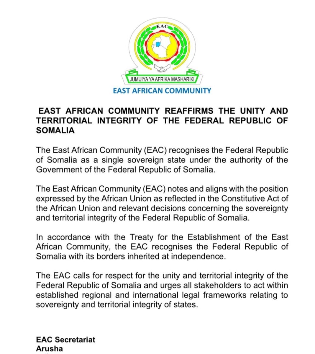 East African Community Reaffirms Somalia’s Unity and Territorial Integrity