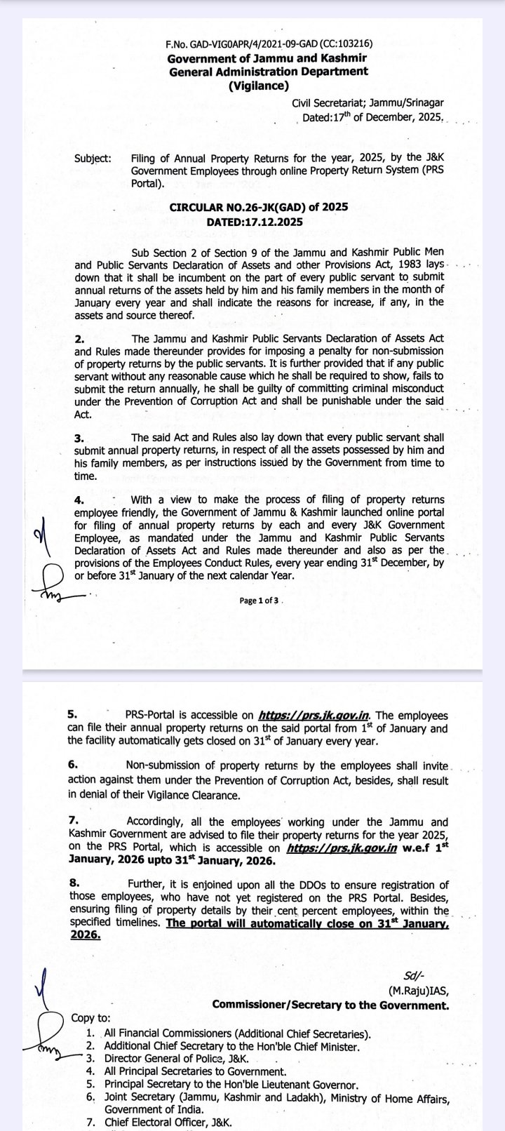 J&K Govt’s GAD (Vigilance) seeks filing of Annual Property Return – 2025