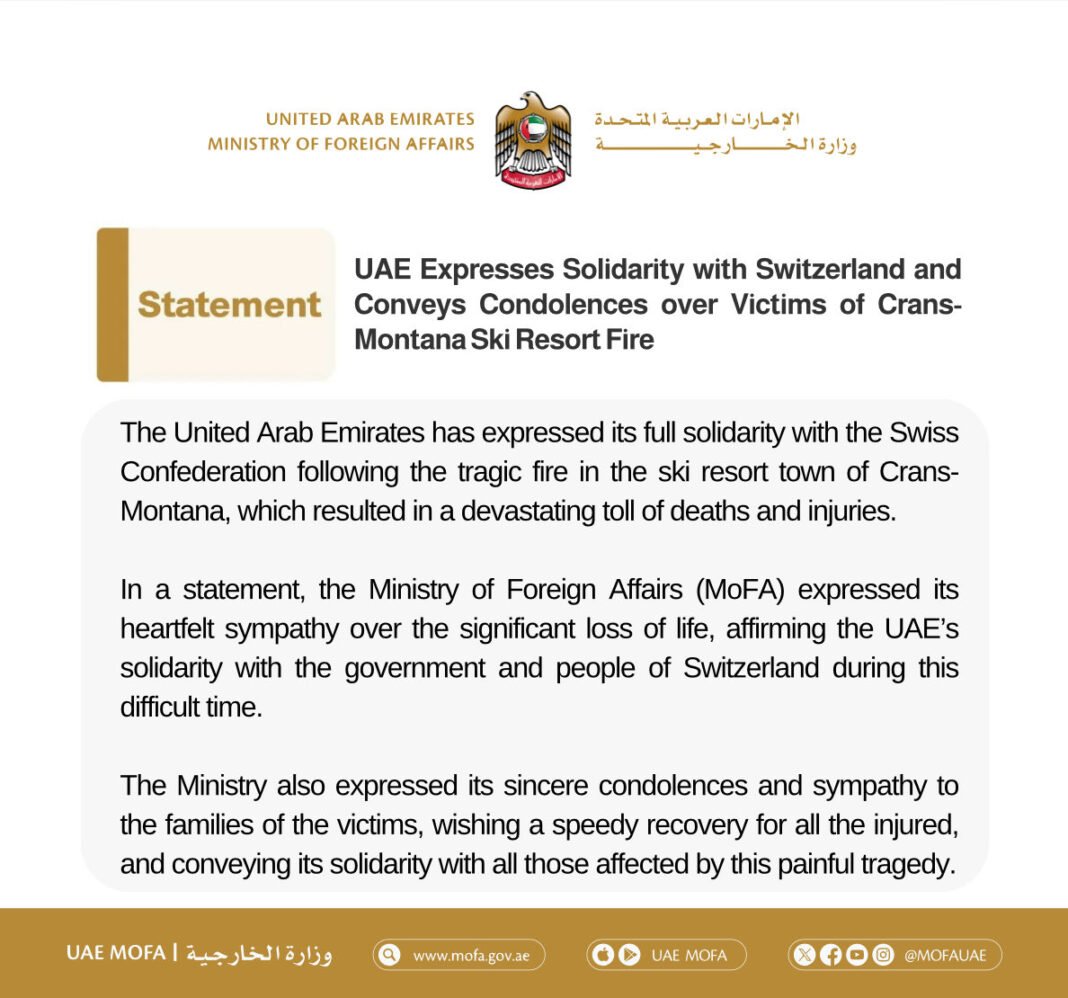 UAE Expresses Solidarity with Switzerland and Conveys Condolences over Victims of Crans-Montana Ski Resort Fire