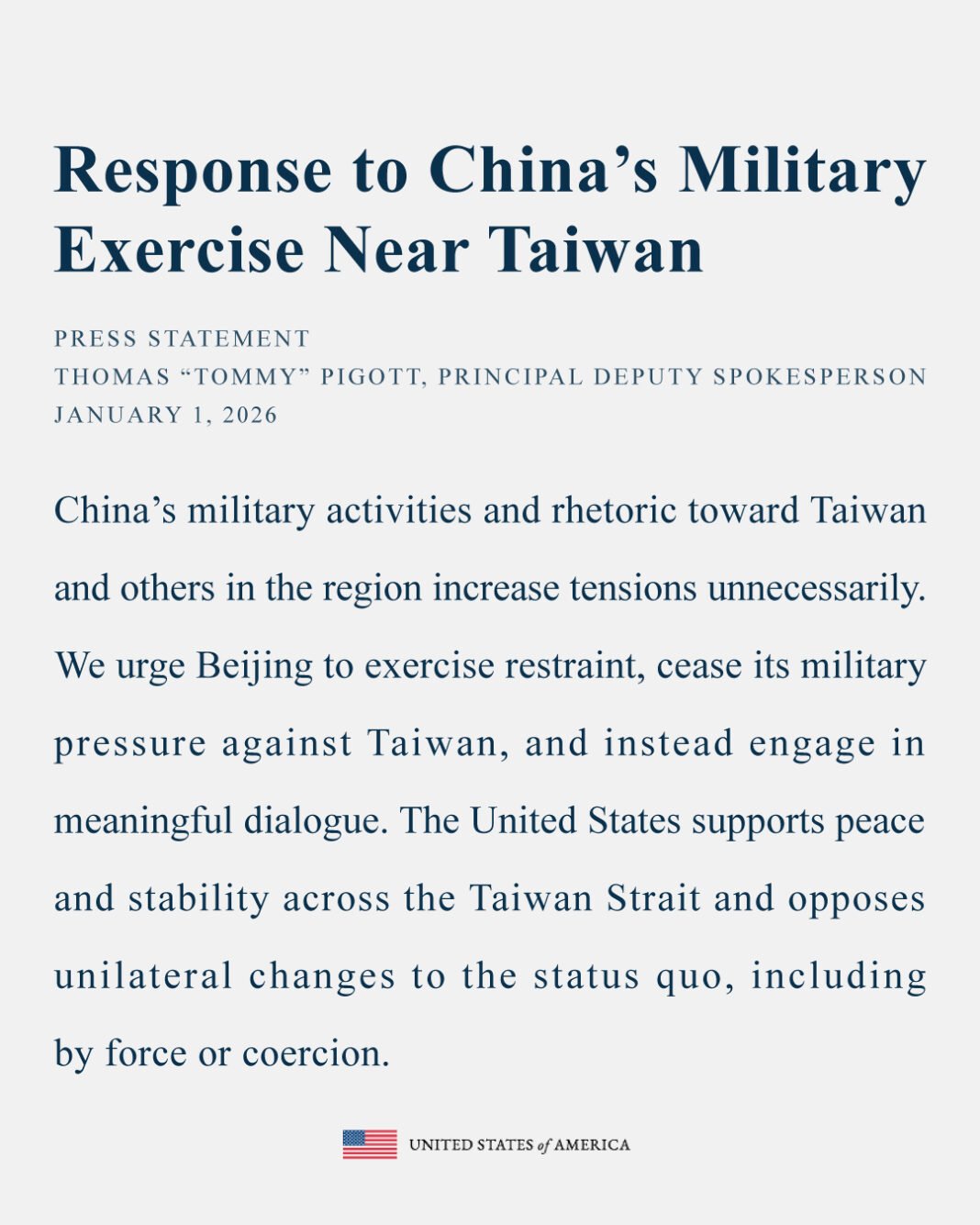 Exercise restraint, US urges China’s Military Exercise Near Taiwan