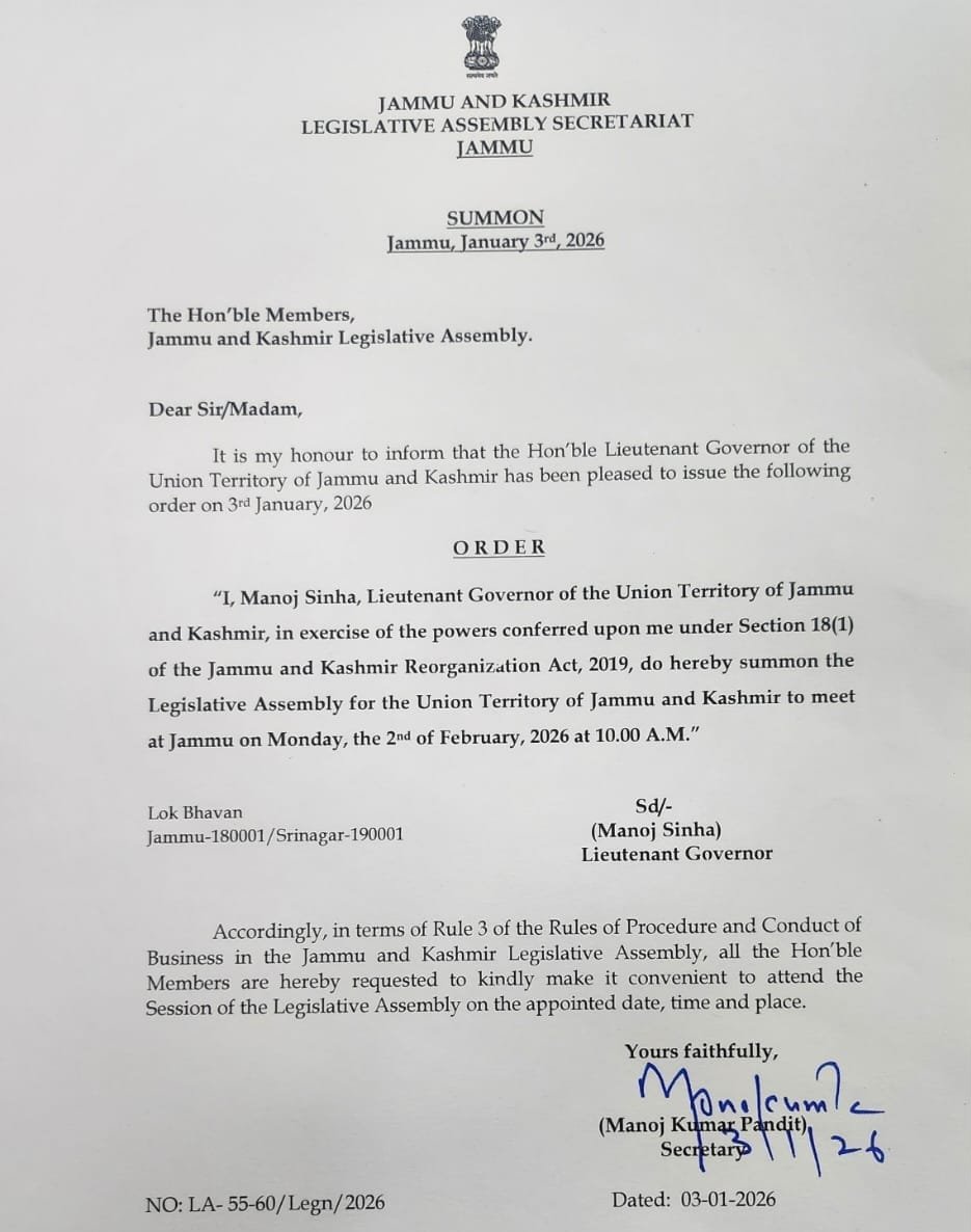 LG J&K summons the Legislative Assembly in Jammu on February 2, 2026.