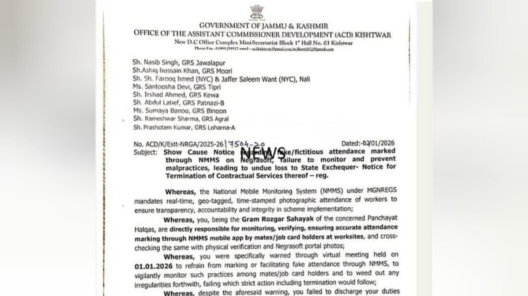 ACD Kishtwar Issues Show-Cause Notice to GRS Over Alleged Fake Attendance Under MGNREGA